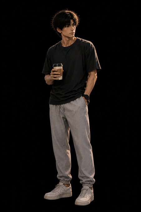 A digital illustration of a young man with dark messy hair wearing a black t-shirt, gray sweatpants, and white sneakers, casually holding a coffee cup against a black background.