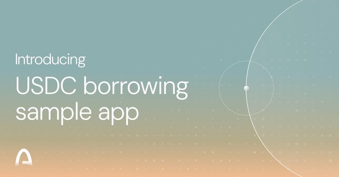 A gradient blue-to-orange promotional graphic reads "Introducing USDC borrowing sample app" with a small logo in the bottom left corner.