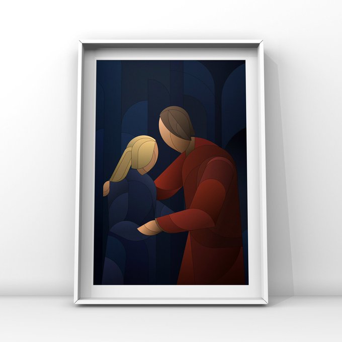 A framed minimalist art print showing two figures embracing, with one in red and the other with blonde hair against a dark blue background.