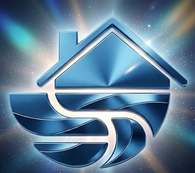 A stylized, metallic blue logo depicting a house with a chimney, framed by flowing wave-like shapes below, set against a glowing, starry cosmic background.