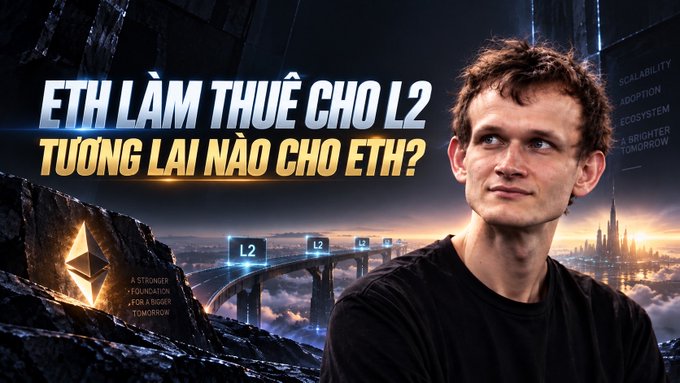 A YouTube thumbnail featuring Vitalik Buterin with Vietnamese text 'ETH LÀM THUÊ CHO L2, TƯƠNG LAI NÀO CHO ETH?' about Ethereum's role in Layer 2 solutions.