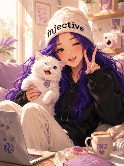 The image features an illustration of a girl sitting on a couch with her cat by her side. The girl has long hair and is wearing a white beanie, while the cat appears to be white as well. There are also purple flowers visible in the scene. In the background, there's a laptop computer placed on a table next to a cup filled with coffee. A book can also be seen nearby.

The image includes text that reads "you showing up today despite the red candles, says a lot about your perseverance and determination," which is related to the post. The girl in the illustration seems to be enjoying her time at home while staying connected through technology.