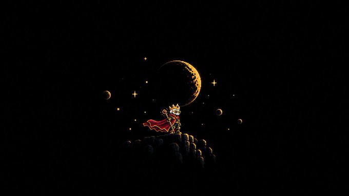 A small crowned character with a red cape stands on a rocky cliff, looking up at a crescent moon and stars in a dark sky.