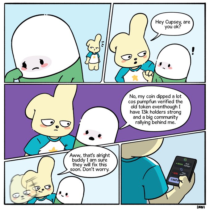 A comic strip featuring cartoon characters where one comforts another whose coin 'dipped a lot' despite verification and a strong community, before secretly viewing a -90% drop on their phone.