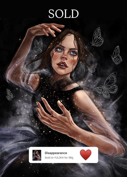 A digital illustration of a woman surrounded by butterflies and mist labeled 'SOLD' with a notification that 'Disappearance' was sold to YULIKA for 18₺.