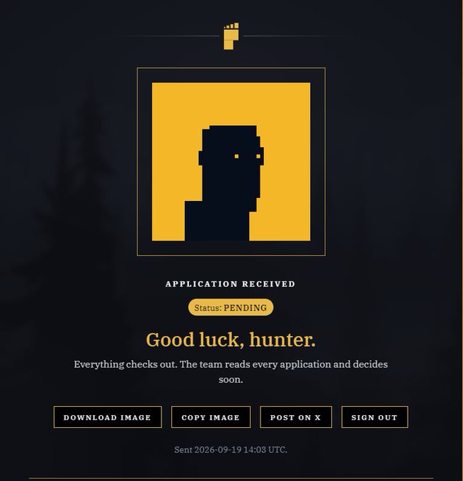 A dark webpage showing 'APPLICATION RECEIVED' with status 'PENDING' and the message 'Good luck, hunter,' alongside a yellow pixel-art character portrait.