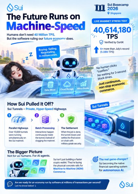 An infographic titled 'The Future Runs on Machine-Speed' from Sui Basecamp 2026 Singapore, highlighting a live mainnet stress test of 40,614,180 TPS verified by Certik, and explaining how Sui Tunnels enable parallel highways, batch processing, and military-grade settlement security.