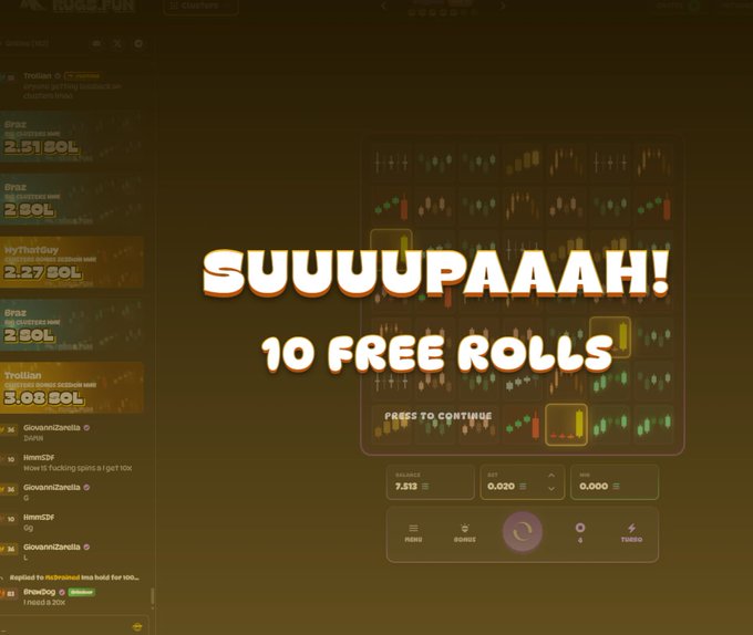 The image shows a computer screen with a game interface displaying a game called "Suit Upaaah!". The game has a yellow background and features various elements such as dice, cards, and symbols related to the game's mechanics. The text on the screen reads "SUUPUPAAH! 10 Free Rolls", indicating that players can earn free rolls by playing the game.