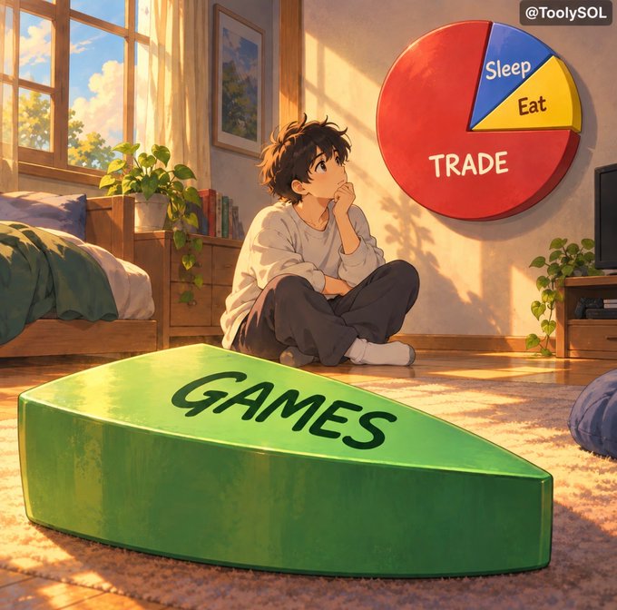 An anime-style illustration shows a young person sitting on the floor in a bedroom, looking at a pie chart labeled 'TRADE, Sleep, Eat' while a large green button labeled 'GAMES' sits in the foreground, credited to '@ToolySOL'.