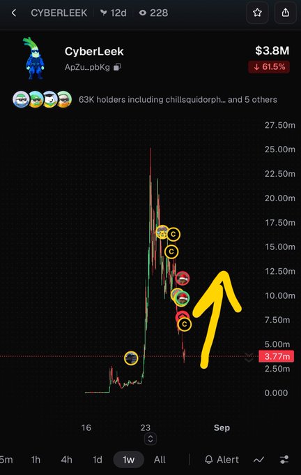 A cryptocurrency chart for the token 'CyberLeek' (contract ApZu_pbKg) showing a sharp decline from a high of $3.8M, marked down 61.5%, with a yellow arrow pointing upward.