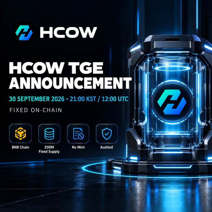 A futuristic promotional graphic announces the 'HCOW TGE ANNOUNCEMENT' scheduled for 30 September 2026, featuring a glowing blue holographic display of the HCOW logo with details about BNB Chain, 200M Fixed Supply, No Mint, and Audited status.