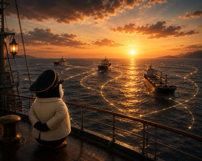 A digital artwork shows a penguin-like character wearing a captain's hat and white sweater standing on a ship's deck, watching cargo ships follow glowing spiral paths across the ocean during a sunset.