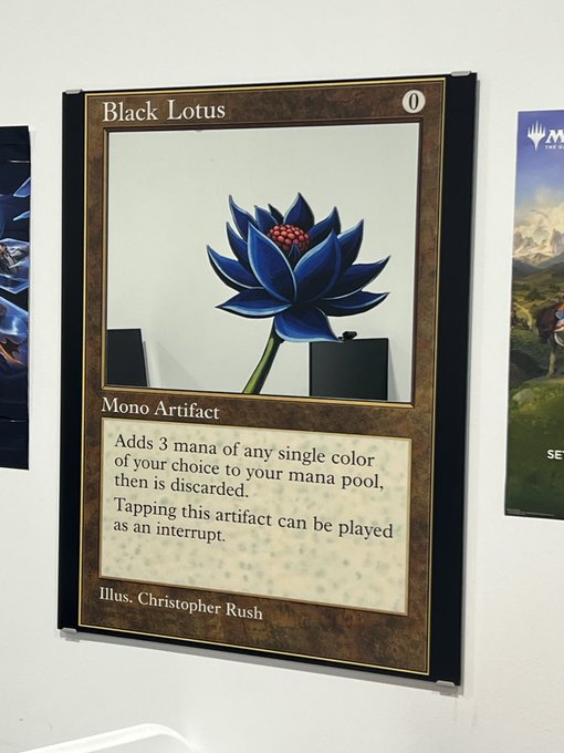 A large framed display of the "Black Lotus" Magic: The Gathering card, labeled "Mono Artifact" and "Illus. Christopher Rush," shown as part of an art exhibition.