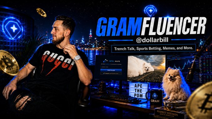 A promotional graphic for 'GRAMFLUENCER @dollarbill' showing a man in a black 'GUCCI' shirt sitting in front of a city skyline backdrop, surrounded by Bitcoin imagery, trading charts, and memes.
