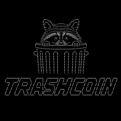 A raccoon peeking out from inside a trash can, rendered in white line-art style on a black background, with the text "TRASHCOIN" displayed below. The image serves as the logo/mascot for the $TRASHCOIN token (Ca: HQz4DSDrvgiSeEALGJv1gzSxJx4xfAdigG89pZqMpump), directly reflecting the coin's trash-themed branding.