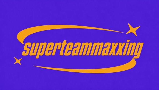 A purple background displays the orange text 'superteammaxxing' enclosed by curved orbital lines and two stars.