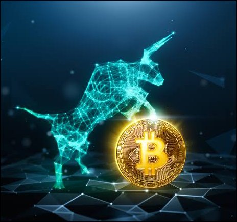 Digital artwork featuring a glowing geometric bull composed of cyan triangles, standing beside a golden Bitcoin coin on a dark blockchain-themed background.
