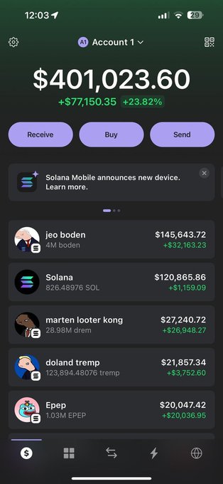 The image shows a screenshot of two years worth of financial transactions, including account balances for various asset types such as "Solana", "Ethereum", and several other cryptocurrencies. The text on the screen reads "Account 1 - $40,001,300.26; Account 2 - $17,500.63; Account 3 - $42,849.47" which are descriptions of account balances during different years. The post suggests that the user made money from Memes in the past and asks how much they have made so far.