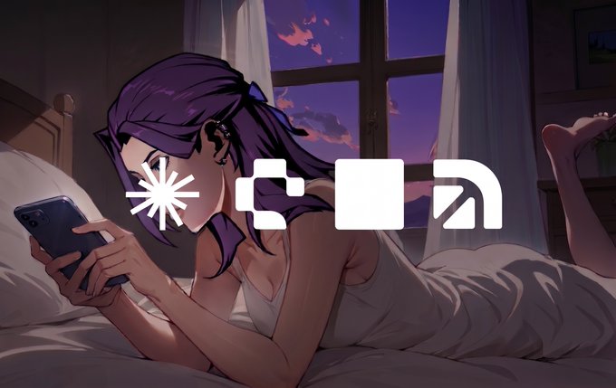 An anime-style illustration of a purple-haired girl lying on a bed looking at her phone during sunset, overlaid with white icons for a burst/star, a chain link, a folder, and what appears to be a Wifi or signal symbol.