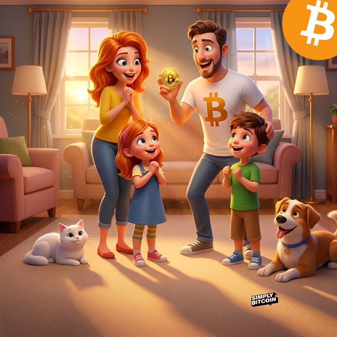 The image features a cartoon family of four, including two adults (a man and a woman) and three children (two boys and one girl), standing together with their arms around each other. The father is holding up a Bitcoin symbol, which appears to be a gold coin or keychain. The post that accompanies the image reads "Happy Father'S Day! Bitcoin".