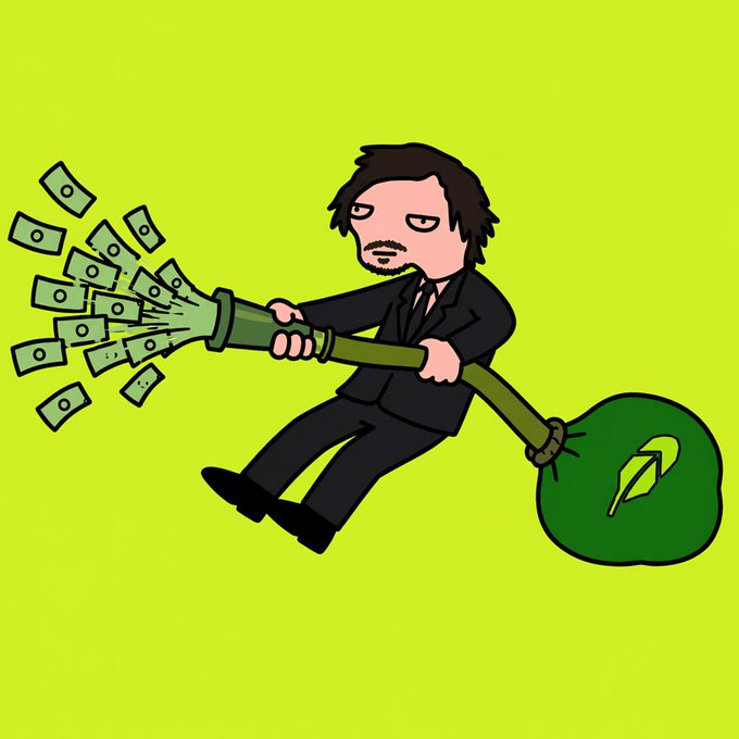 A cartoon illustration of a man in a suit spraying cash from a Robinhood-branded money gun while floating against a green background.