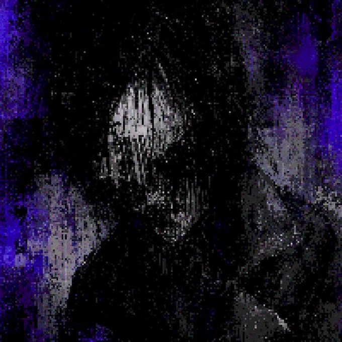 A dark, grainy, pixelated image with deep blue and black tones showing an indistinct figure or face with a white/pale area near the top center.