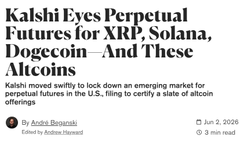 The image shows a headline that reads "KALSHI OFFICIALLY FILES XRP PERPETUAL FUTURES WITH @CFTC", which indicates that there might be an article about Ripple coins or cryptocurrency news related to KALSHI. The text in the image is black and white, making it easy to read and understand.