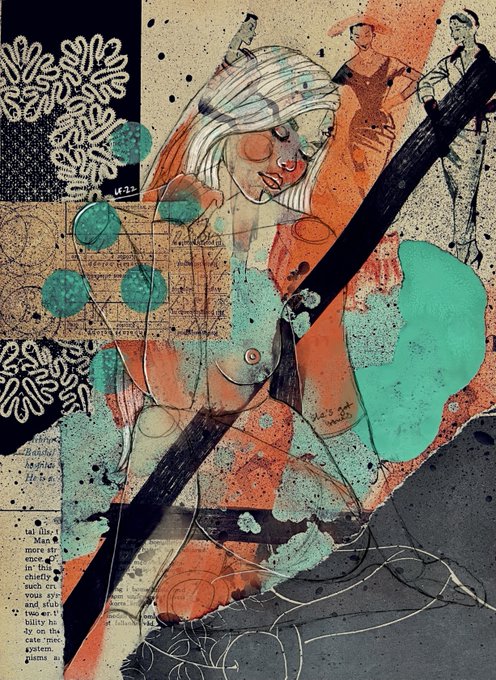 A colorful mixed-media collage featuring an illustrated nude female figure in oranges, teals, and earthy tones with abstract patterns and torn paper elements, paired with the simple "Morning" greeting to evoke a contemplative start to the day.
