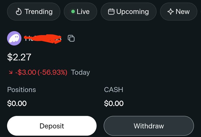 A mobile app trading interface showing a token name redacted in red, priced at '$2.27', down '$3.00 (-56.93%) Today', with Positions and CASH both at $0.00.