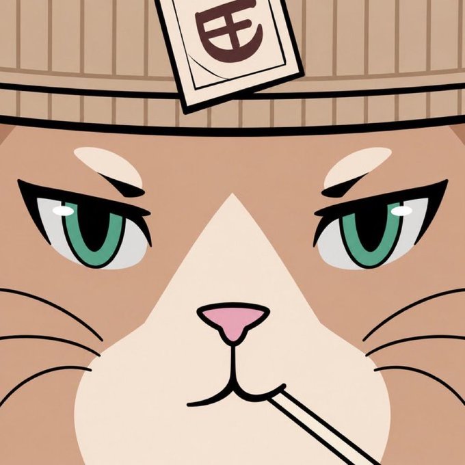 A cartoon cat character with green eyes and a stern expression wears a straw hat featuring a label with the character "豆" (bean), referencing Azuki, which means "bean" in Japanese and is the name of the NFT collection.