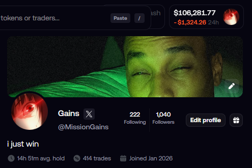 A Twitter/X profile screenshot for "Gains @MissionGains" shows a bio reading "i just win" with a green-lit selfie banner, displaying 1,040 followers and a portfolio valued at $106,281.77 (down $1,324.28), which ties to the post celebrating hitting 1K followers.