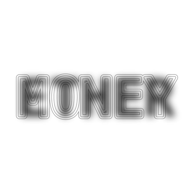 Minimalist graphic featuring the word 'MONEY' rendered in a chrome/metallic outlined font on a white background.