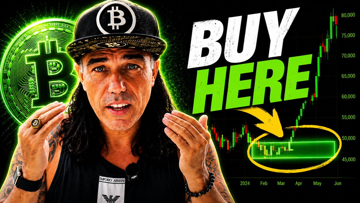 This Bitcoin trading-themed thumbnail features a man in a Bitcoin hat, with a large Bitcoin logo behind him, and green text overlaying a price chart that reads "BUY HERE" and highlights a specific price range on the chart.