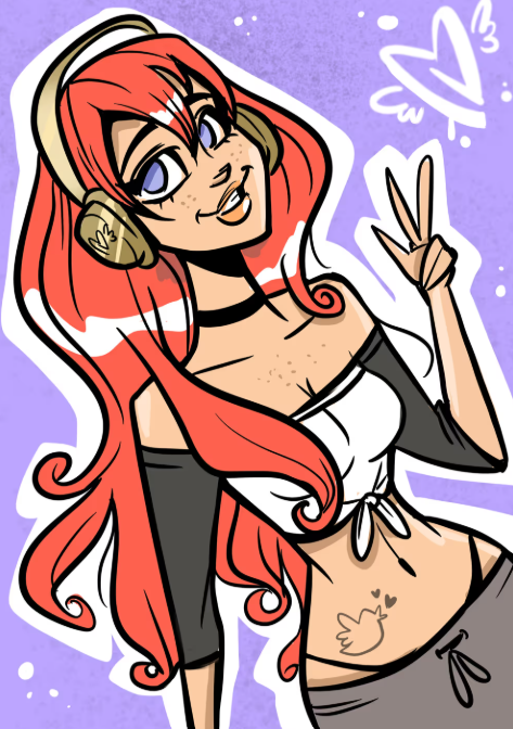A digital cartoon illustration shows a girl with long wavy red hair, purple eyes, and freckles wearing headphones, making a peace sign, with a small heart and ghost doodle above her head.