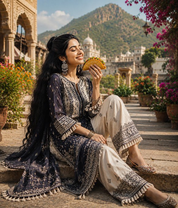 The image features a woman sitting down, wearing a blue and white outfit with a black and gold patterned design. She has her legs crossed while eating a taco from a food stand. The background includes a building and mountains, creating an outdoor setting for this scene. The caption of the image reads "gm happy taco tuesday my today goals - eat tacos - survive the heat - support my mutuals - buy a @useTria card".