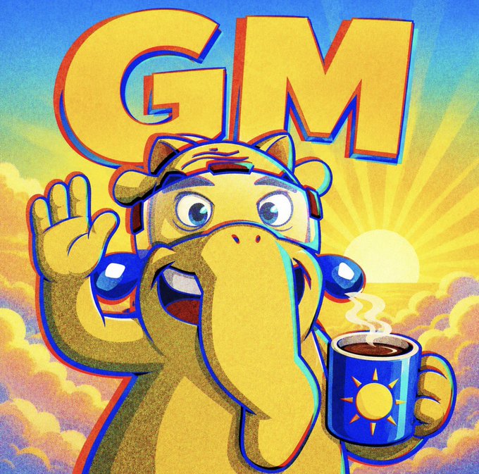 A cheerful cartoon character wearing a sun visor waves while holding a steaming mug, set against a sunrise backdrop with bold "GM" (good morning) text overhead—matching the post's playful "Glmao" greeting to kick off the day with humor.
