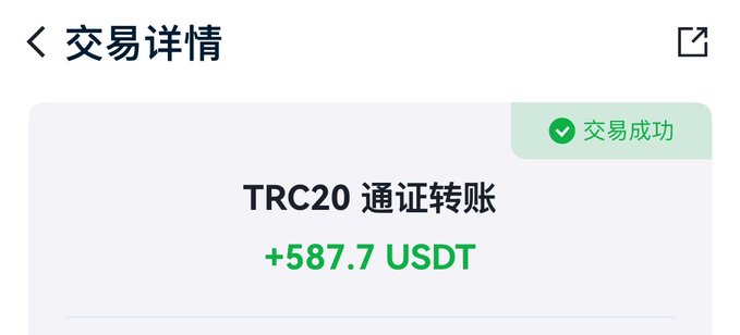 A Chinese transaction details screen showing a successful TRC20 token transfer of +587.7 USDT, with a green checkmark indicating '交易成功' (Transaction Successful).