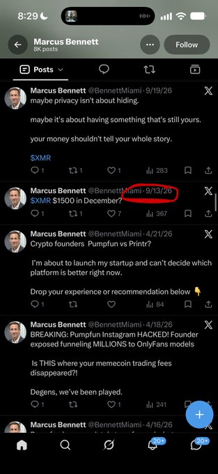 A screenshot of an X (Twitter) profile for 'Marcus Bennett' (@BennettMiami) shows several posts, with one tweet circled in red that reads '$XMR $1500 in December?'