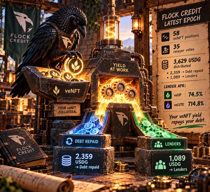 A detailed fantasy-themed infographic for 'FLOCK CREDIT LATEST EPOCH' showing a mechanical scene with a raven and glowing machinery. It displays stats including '58 veNFT positions', '35 relayer votes', and '3,629 USDG distributed', along with 'DEBT REPAID' (2,359 USDG) and 'LENDERS' (1,089 USDG), and APR rates for veUP (74.5%) and veLUTE (714.8%).