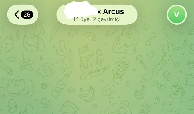 A green digital interface screen with the number '26' and '14 üye, 2 çevrimiçi' (14 members, 2 online) under a profile named 'x Arcus', featuring doodle backgrounds of animals, food, and objects.