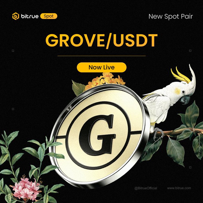 A Bitrue Spot promotional graphic announcing the new 'GROVE/USDT' trading pair, now live, featuring a large coin with a 'G' logo and a white cockatoo perched on a branch.