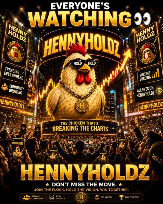 A vibrant promotional poster for 'HENNYHOLDZ' featuring a cartoon chicken wearing sunglasses and a gold chain with an 'H' medallion, surrounded by a cheering crowd holding phones, with text reading 'EVERYONE'S WATCHING', 'THE CHICKEN THAT'S BREAKING THE CHARTS', and 'DON'T MISS THE MOVE.'
