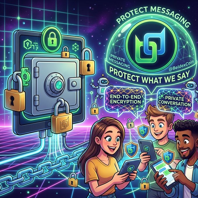 A vibrant crypto promotional graphic for '@BeldexCoin' with text 'PROTECT MESSAGING' and 'PROTECT WHAT WE SAY,' featuring cartoon people with phones, a large vault, padlocks, and tags for 'PRIVATE MESSAGING,' 'END-TO-END ENCRYPTION,' and 'PRIVATE CONVERSATION.'