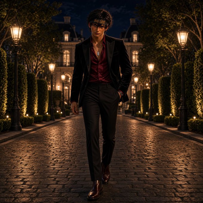 A digital artwork showing a well-dressed man in a dark suit and red shirt walking down a cobblestone path lined with glowing street lamps at night.
