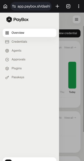 A screenshot of the PayBox dashboard (app.paybox.sh/dashb...) showing the navigation menu with options like Overview, Credentials, Agents, Approvals, Plugins, and Passkeys. The image suggests the user is exploring PayBox as a potential next step after MoonPay, possibly as a follow-up to a previous investment or sign-up action.