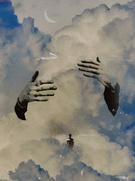 Artistic image showing two disembodied hands reaching toward each other against a cloudy sky with a crescent moon, resembling Michelangelo's 'Creation of Adam'.