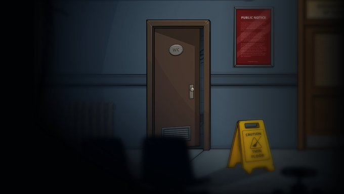 A dark, pixel-art style illustration showing an open restroom door, a wet floor caution sign, and a public notice on the wall.
