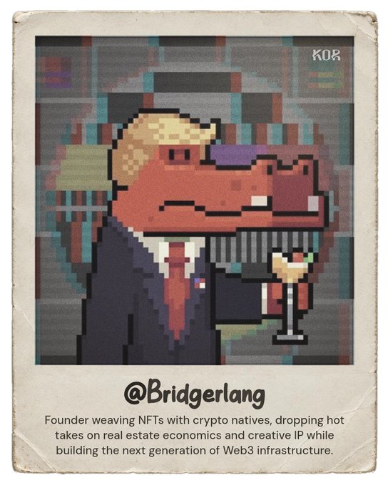 A pixel art style portrait of a crocodile-like character in a suit holding a wine glass, with text identifying them as '@Bridgerlang, Founder weaving NFTs with crypto natives...'