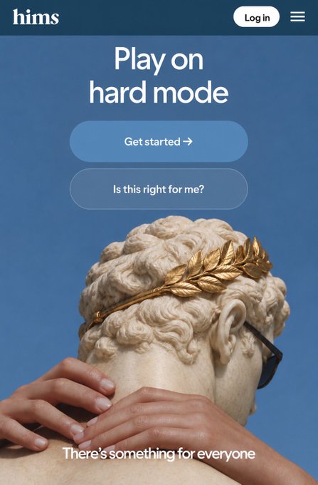 A mobile website screenshot for 'hims' with the text 'Play on hard mode' and a 'Get started' button over an image of a classical statue with a golden laurel wreath and sunglasses.