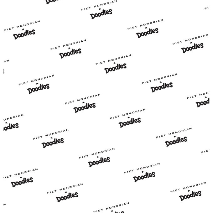 A white background with a repeating pattern of the text 'PIET MONDRIAN x Doodles' in black handwritten-style font.